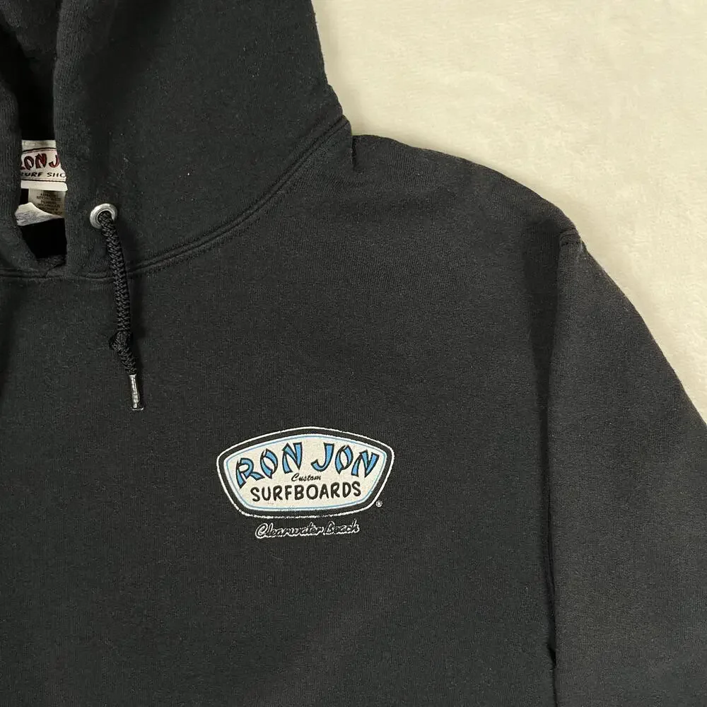 VTG Ron Jon Surf Shop Hoodie Mens Small Black Fleece Pullover Sweatshirt Surf